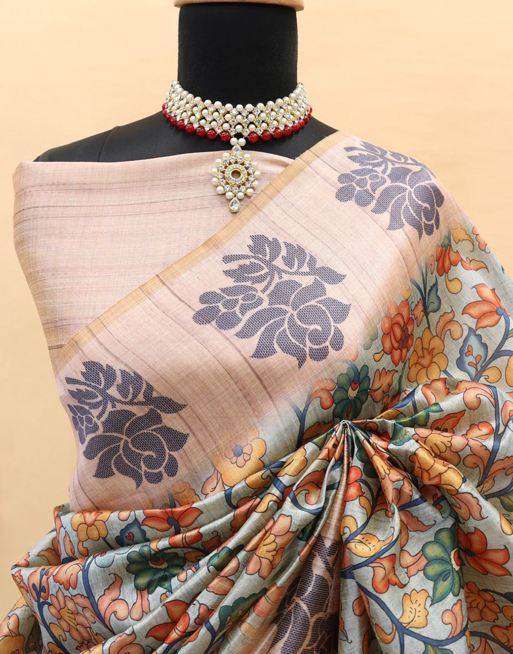 Light Peach Soft Silk Saree With Printed Work