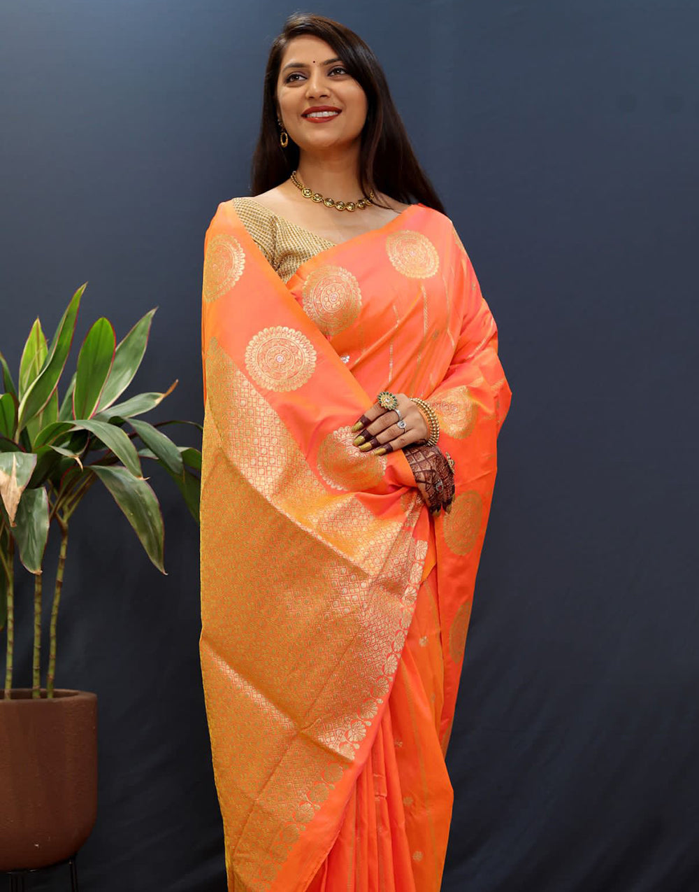 Cantaloupe Orange Handloom Silk Saree With Zari Weaving Work