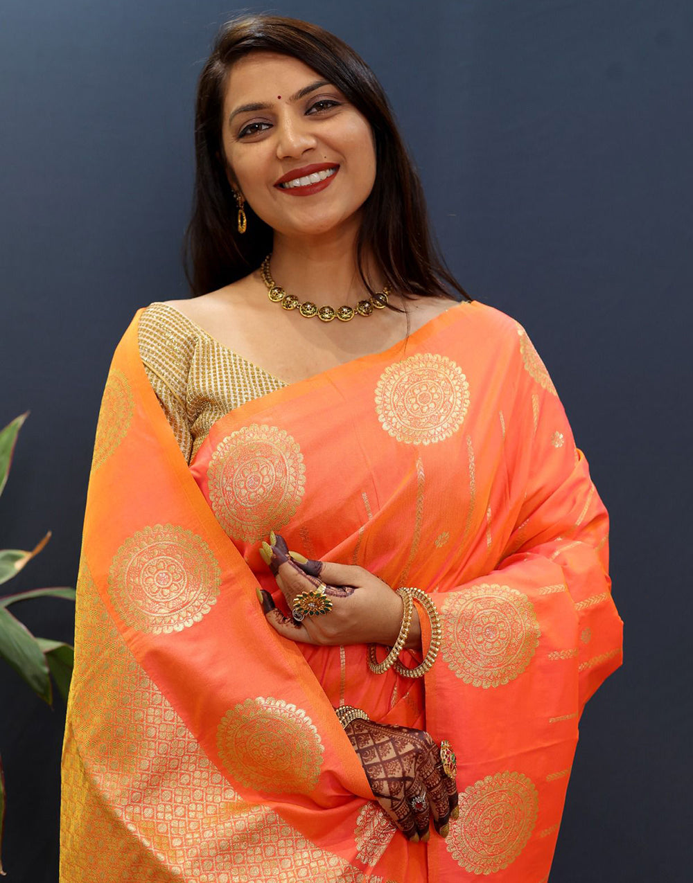 Cantaloupe Orange Handloom Silk Saree With Zari Weaving Work