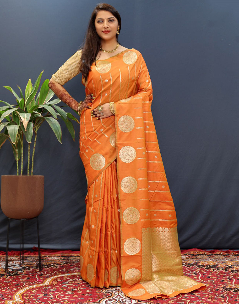 Orange Handloom Silk Saree With Zari Weaving Work