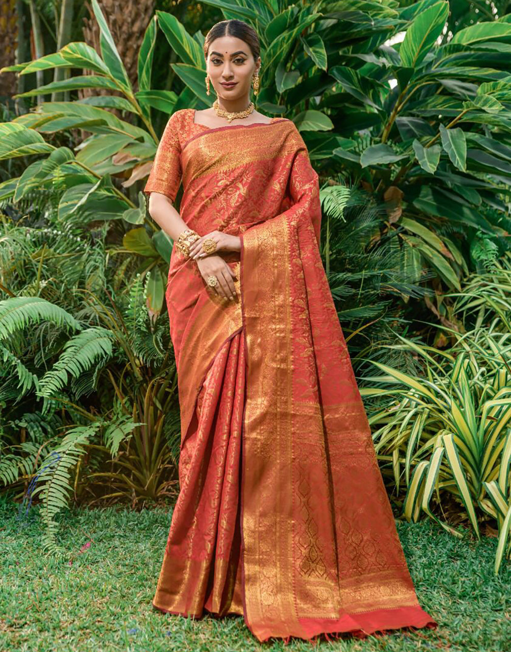 Fire Orange Soft Banarasi Silk Saree With Zari Weaving Work