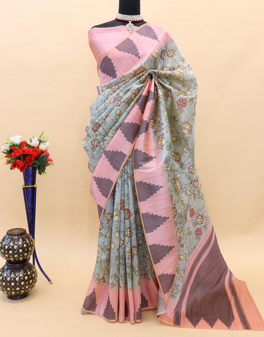 Light Blue Silk Saree With Digital Printed Work