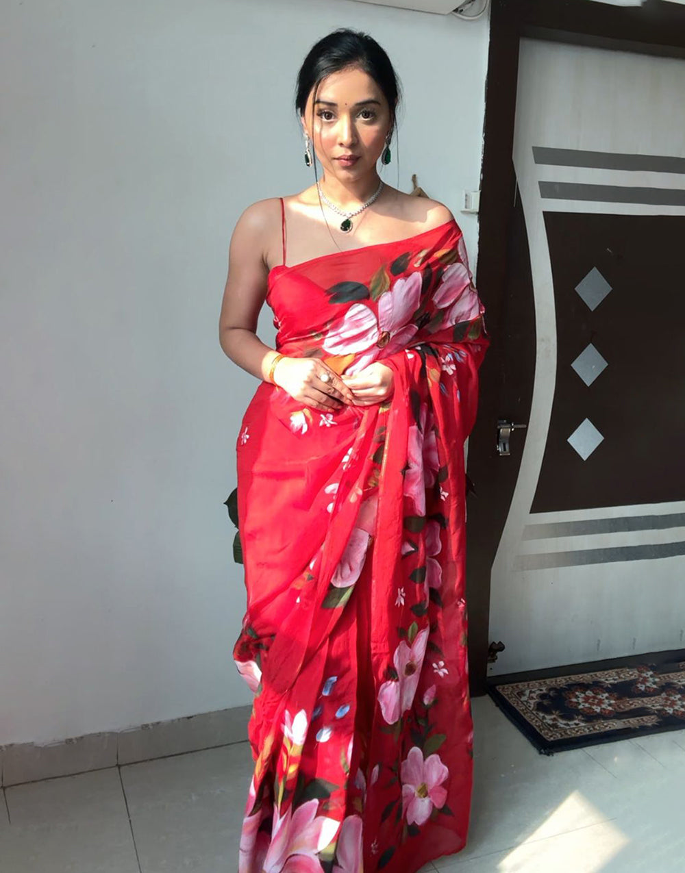 Red Soft Organza Ready To Wear Saree With Printed Work