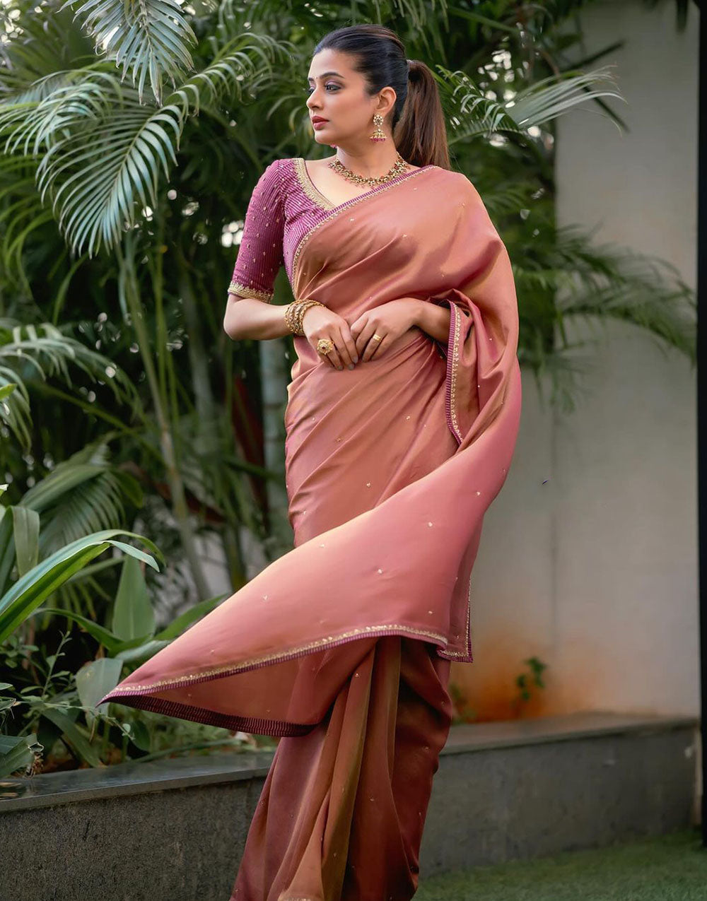 Sienna Brown Vichitra Silk Saree With Emboridery Work