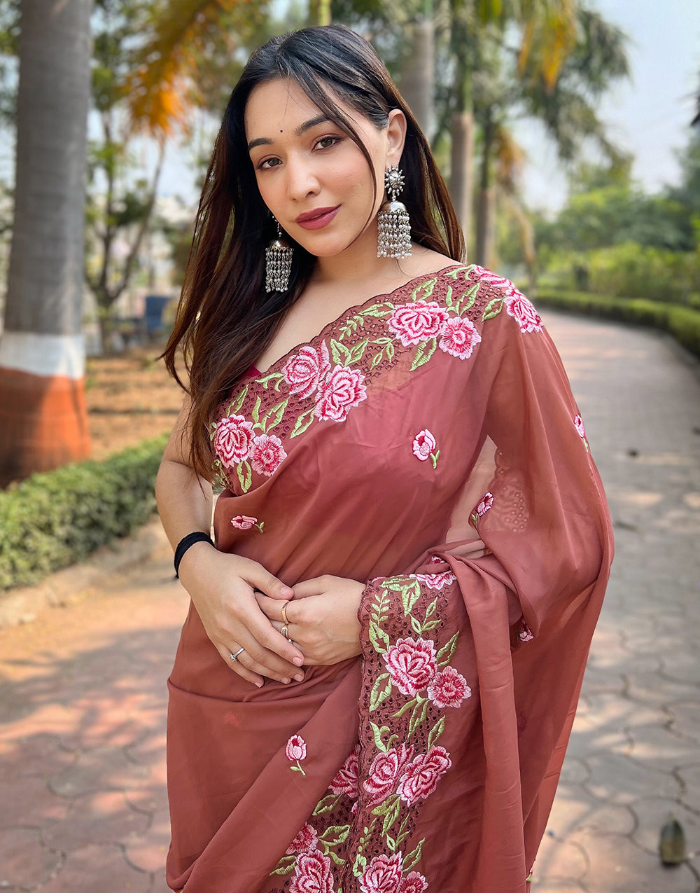 Rust Pink Georgette Saree With Embroidery Work