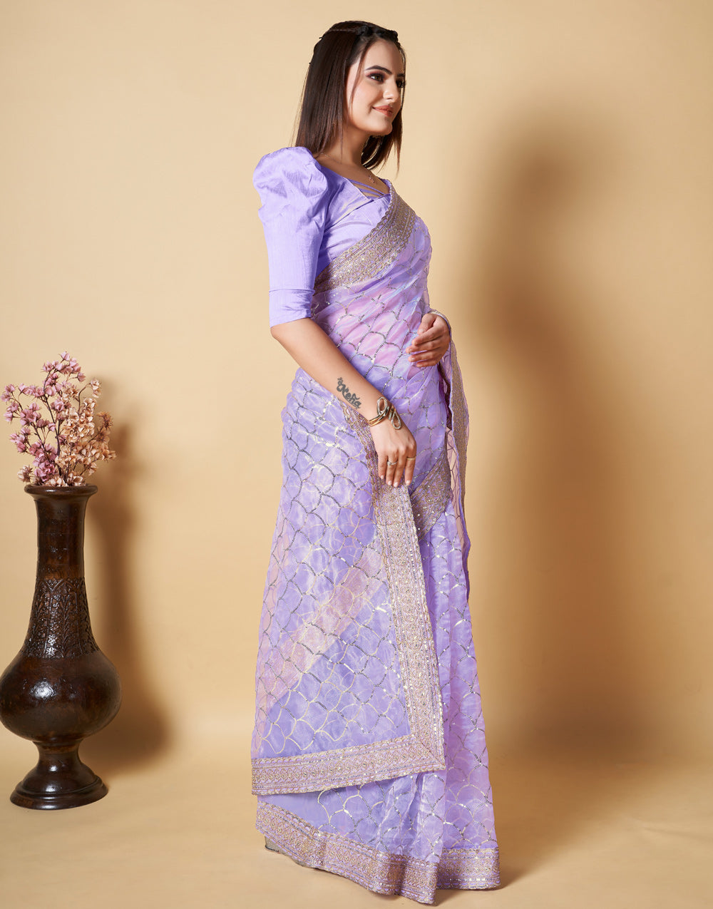 Lavender Organza Saree With Zari & Sequence Work