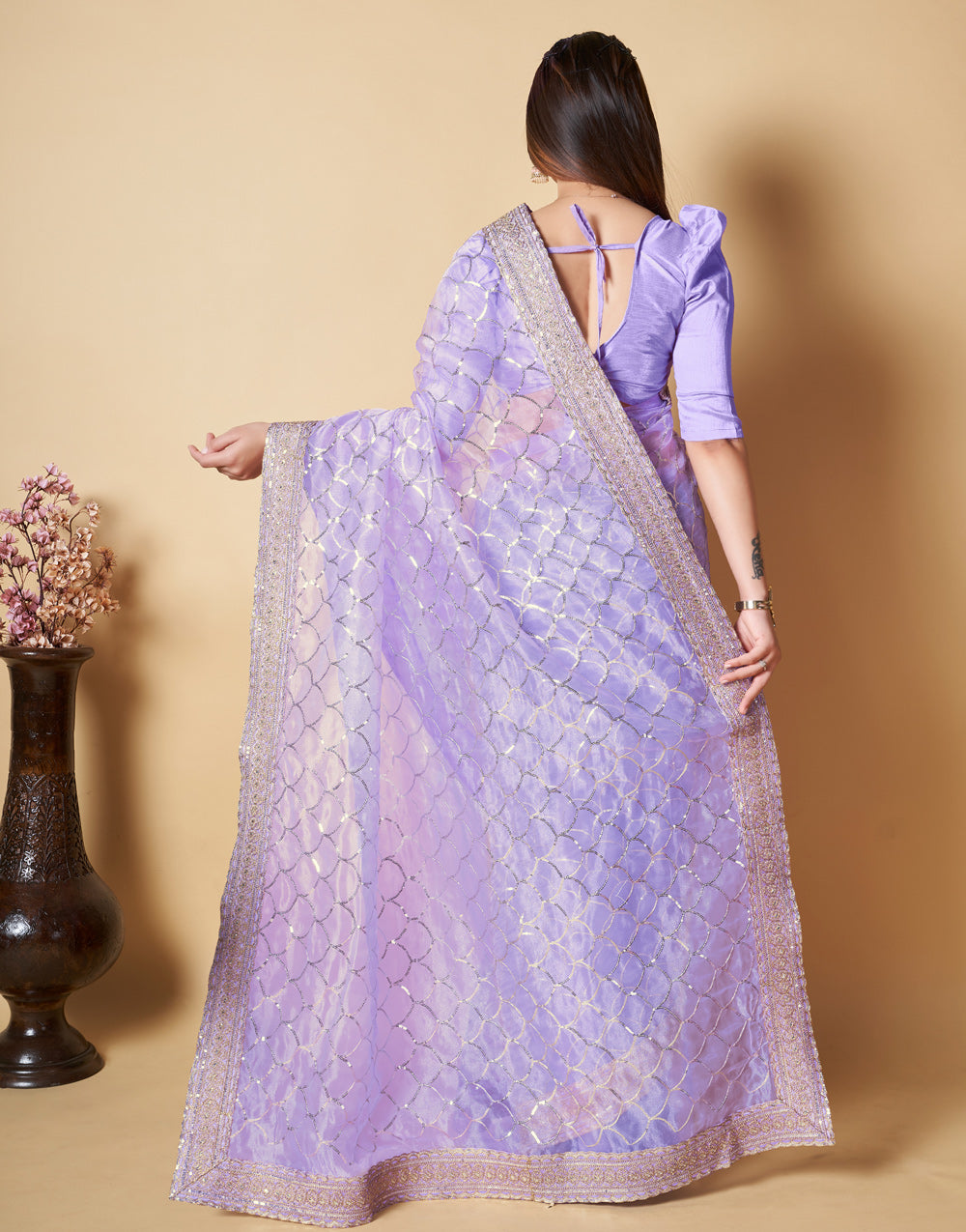 Lavender Organza Saree With Zari & Sequence Work