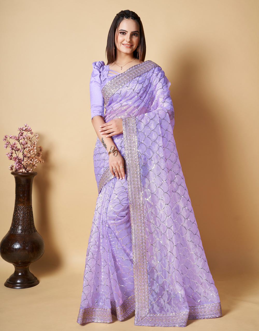 Lavender Organza Saree With Zari & Sequence Work