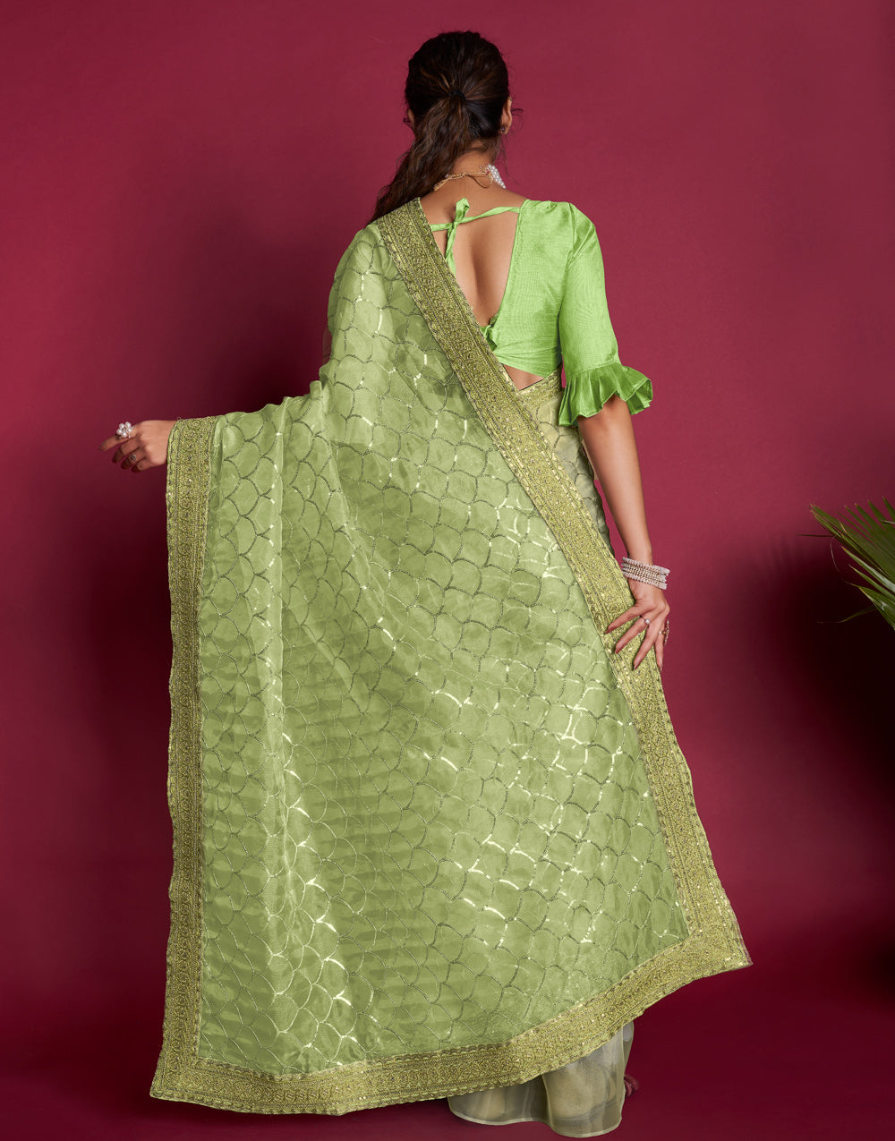 Light Green Organza Saree With Zari & Sequence Work