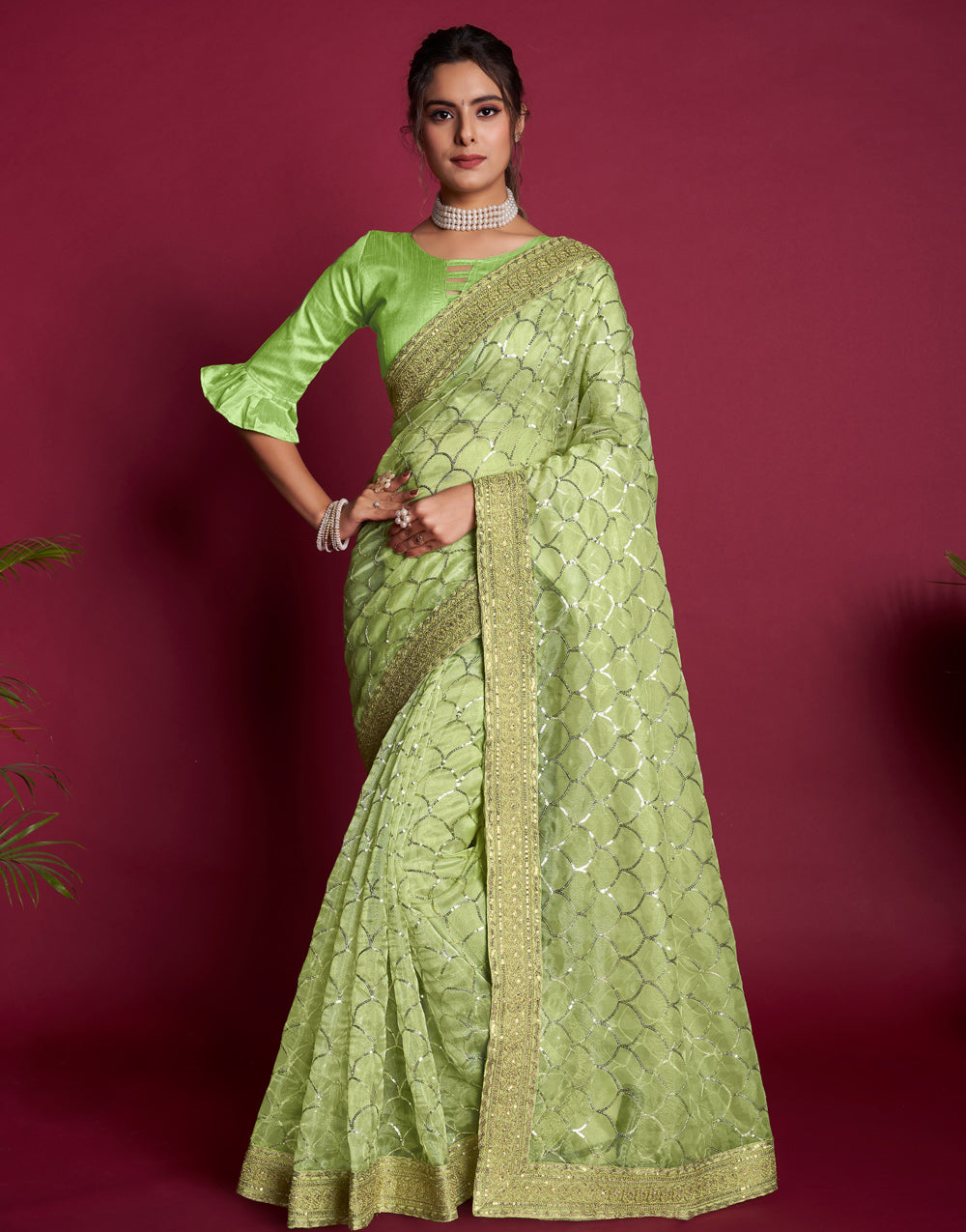 Light Green Organza Saree With Zari & Sequence Work