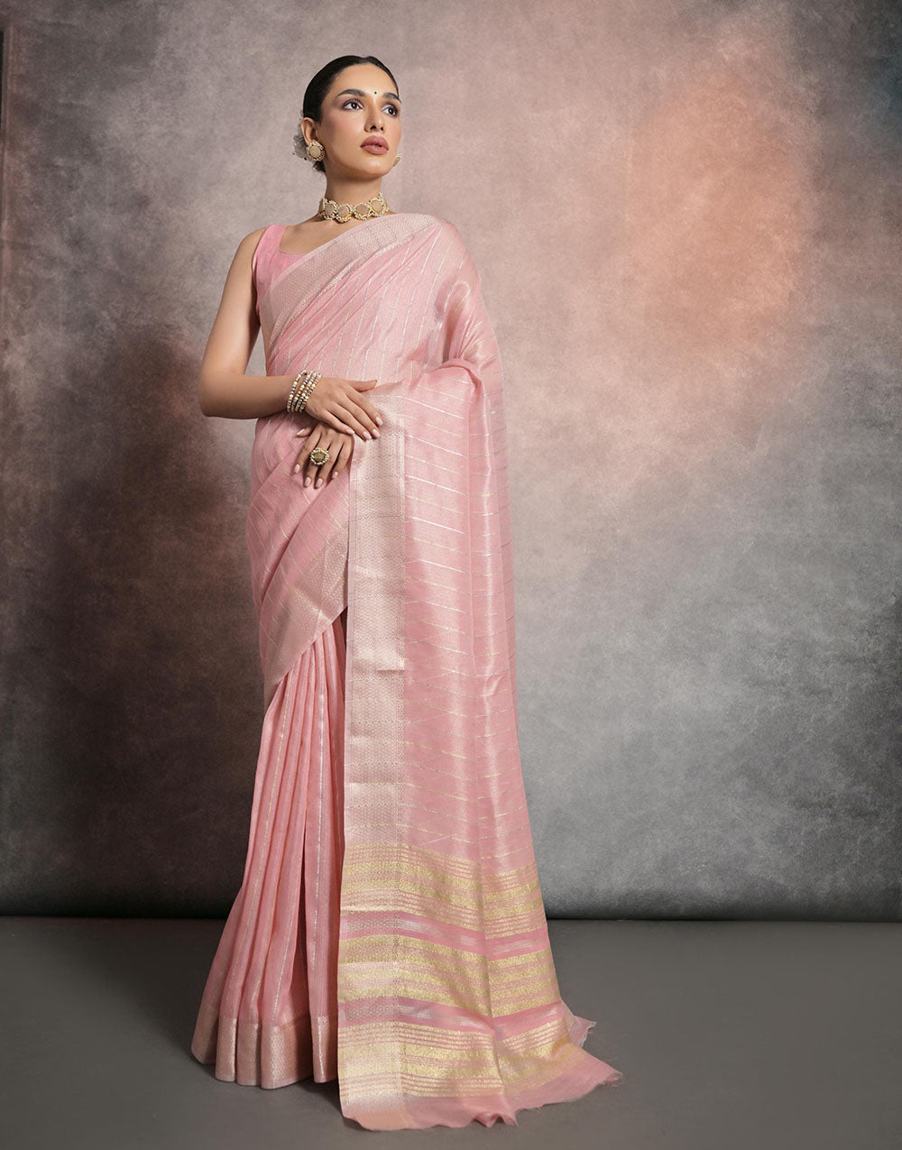 Light Pink Soft Mulberry Silk Saree With Zari Weaving Linning Work