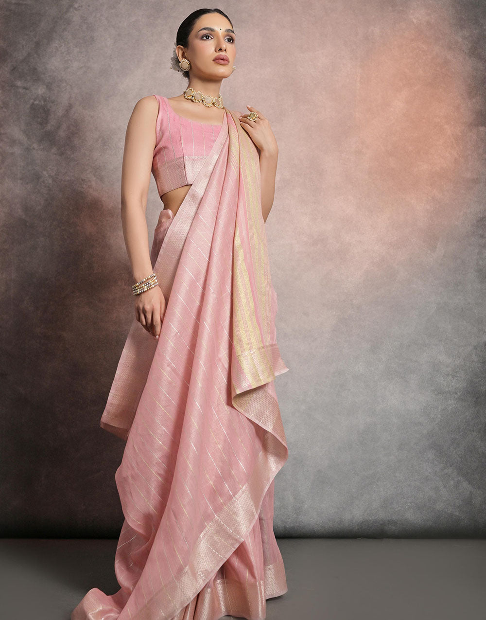 Light Pink Soft Mulberry Silk Saree With Zari Weaving Linning Work