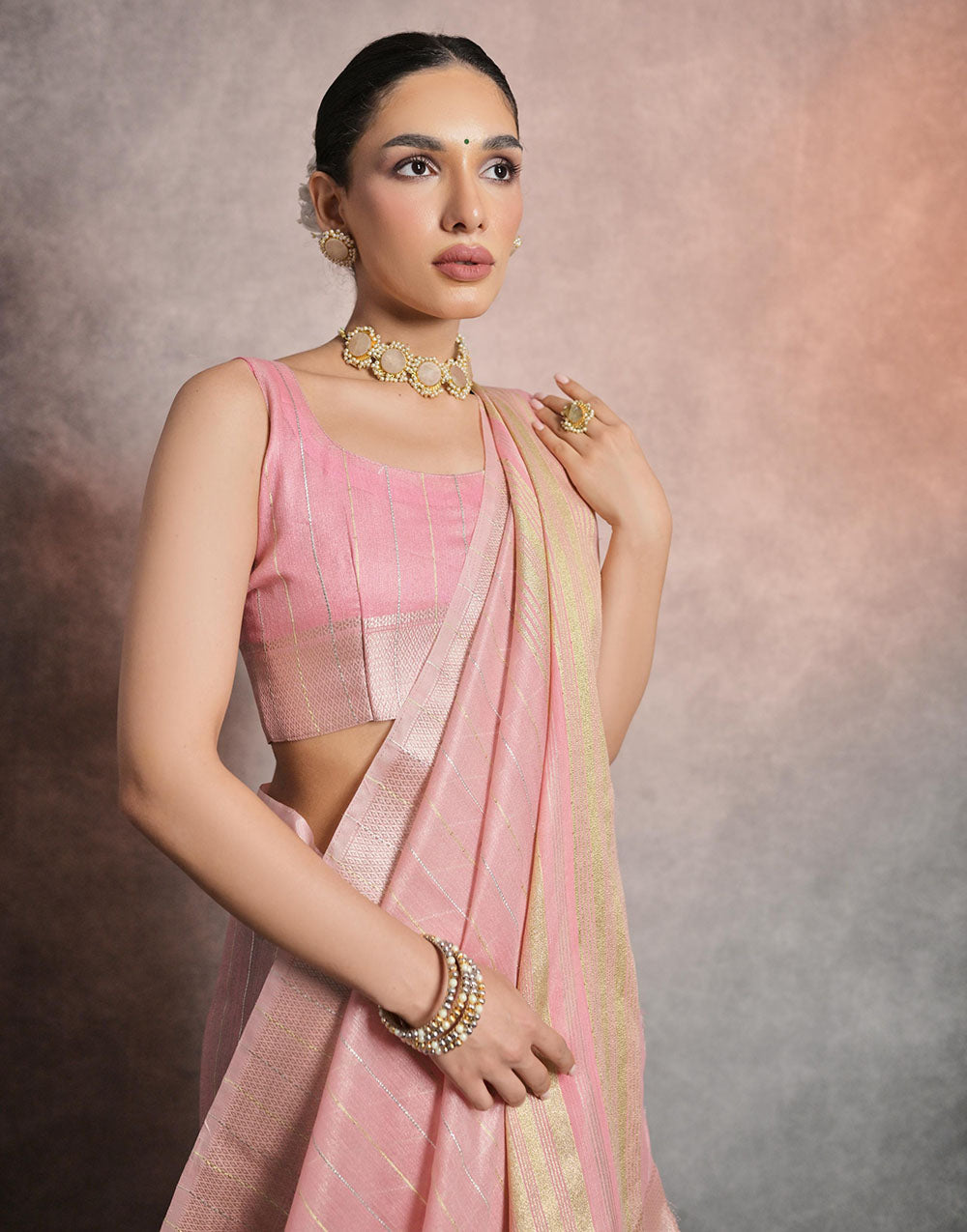 Light Pink Soft Mulberry Silk Saree With Zari Weaving Linning Work