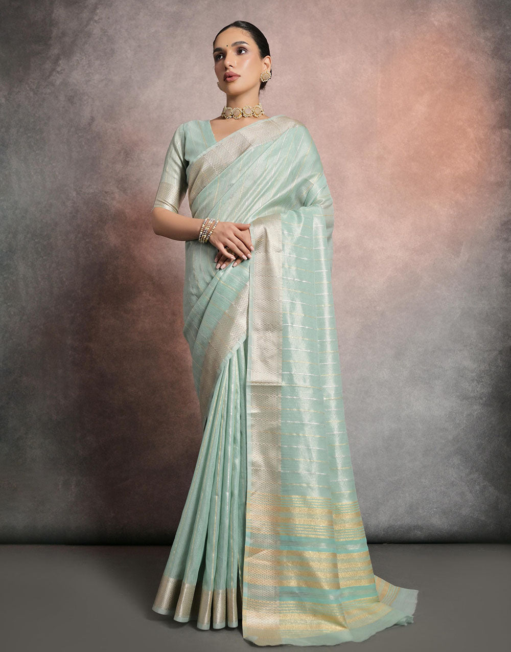 Sea Green Soft Mulberry Silk Saree With Zari Weaving Linning Work