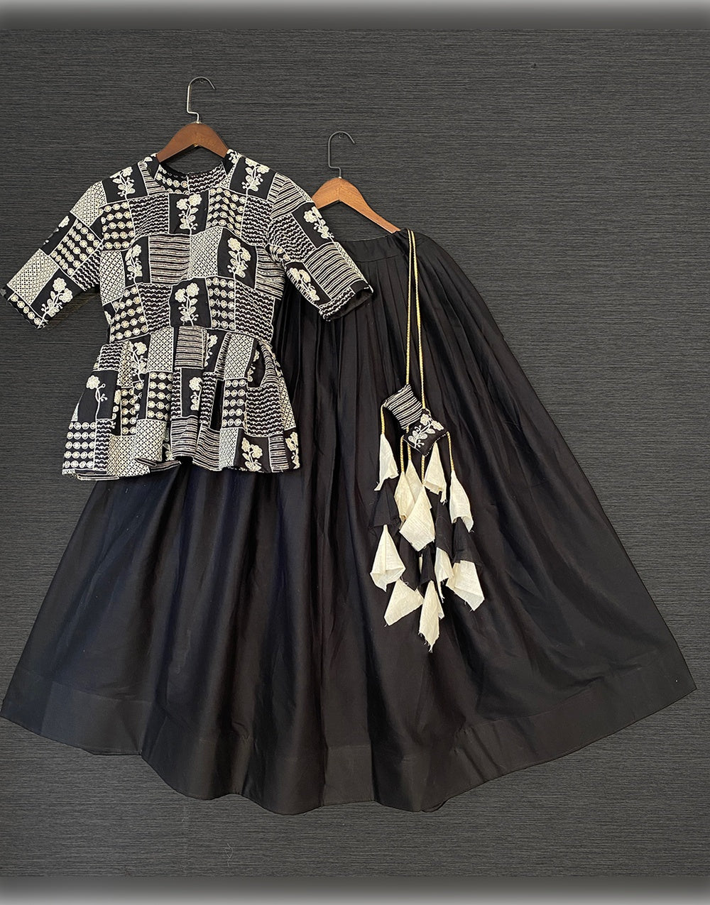 Black Cotton With Plain & Lucknowi Embroidery Work Lehenga Choli