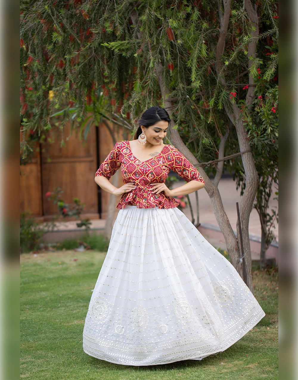 White & Cherry Red Georgette With Paper Mirror & Thread Embroidery Lehenga Choli