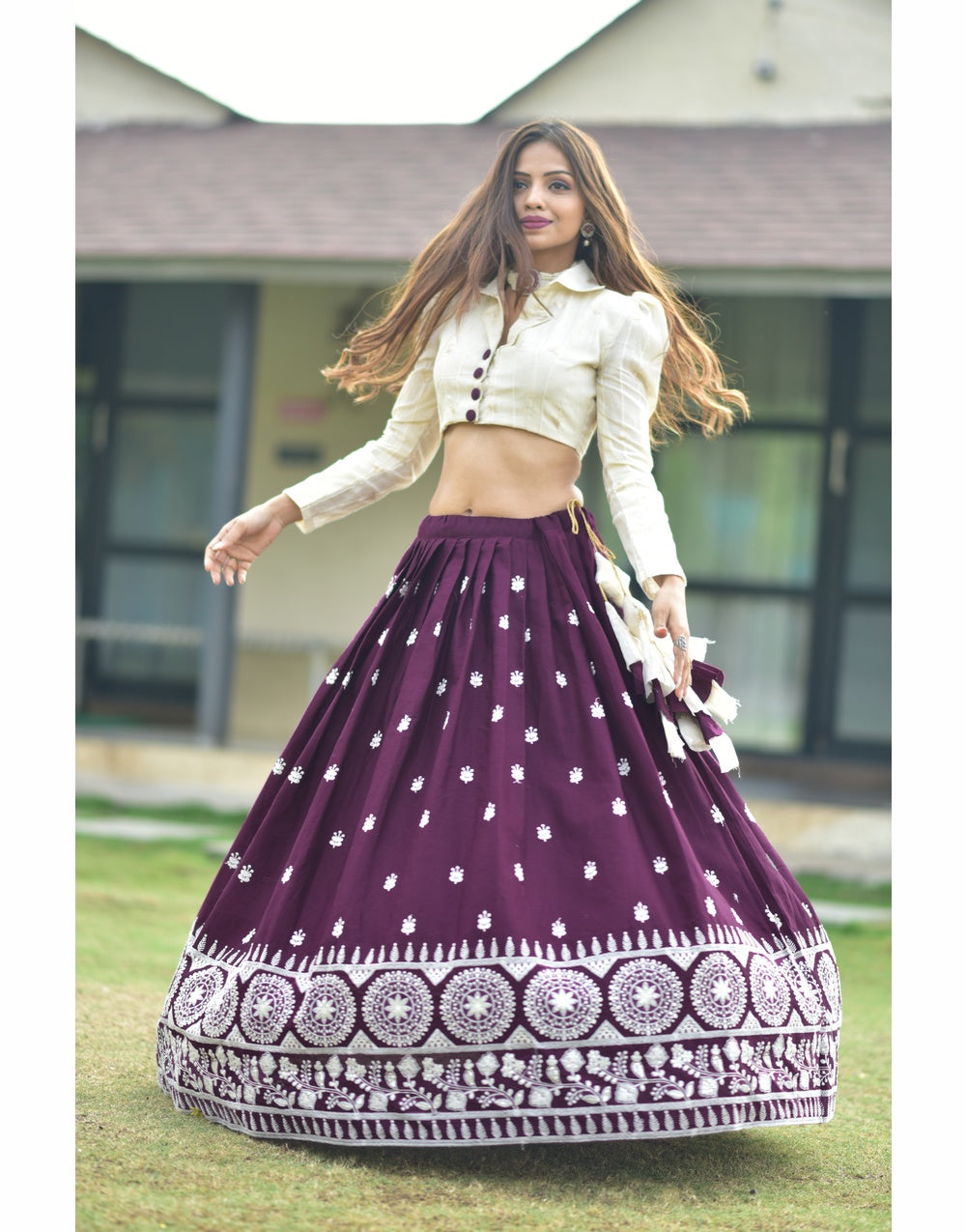 Purple Cotton With Hand & Sequins Work Lehenga Choli