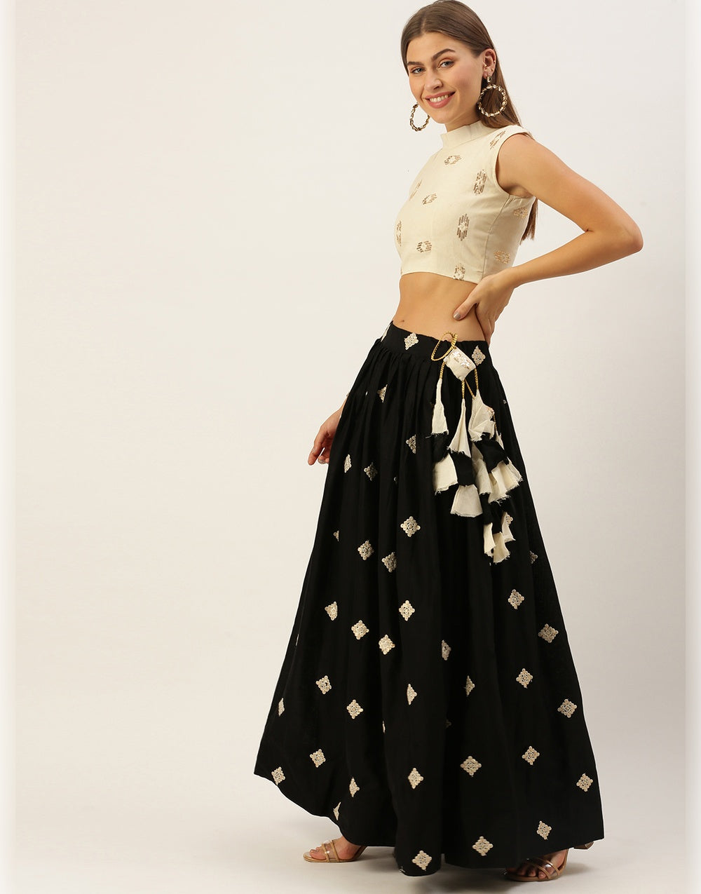Black & Cream Cotton With Embroidery Sequence Work Lehenga Choli