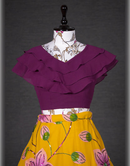 Yellow & Wine Georgette Sequins And Thread Embroidery Work Lehenga Choli
