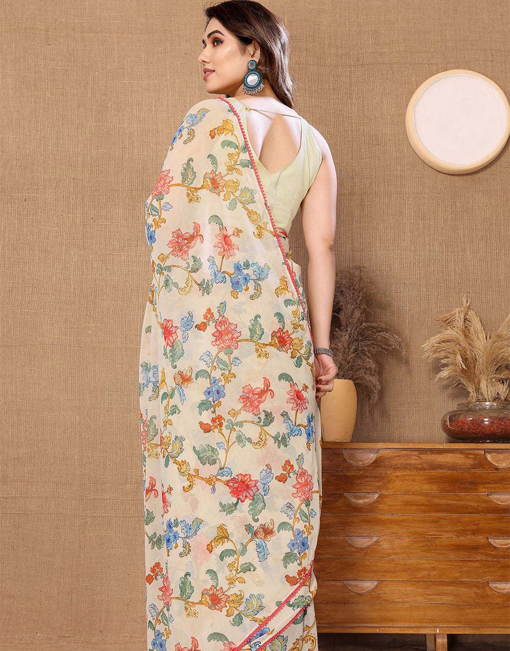 Cream Georgette With Printed Ready To Wear Saree