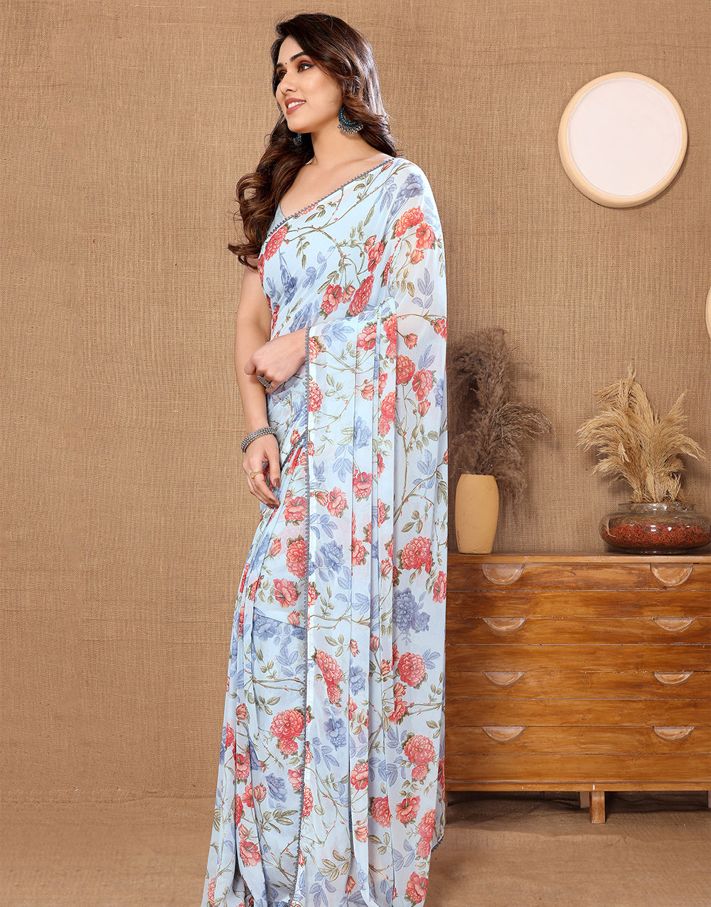 Light Sky Blue Georgette With Printed Ready To Wear Saree
