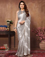 Light Grey Georgette With Printed & Weaving Checks Ready To Wear Saree