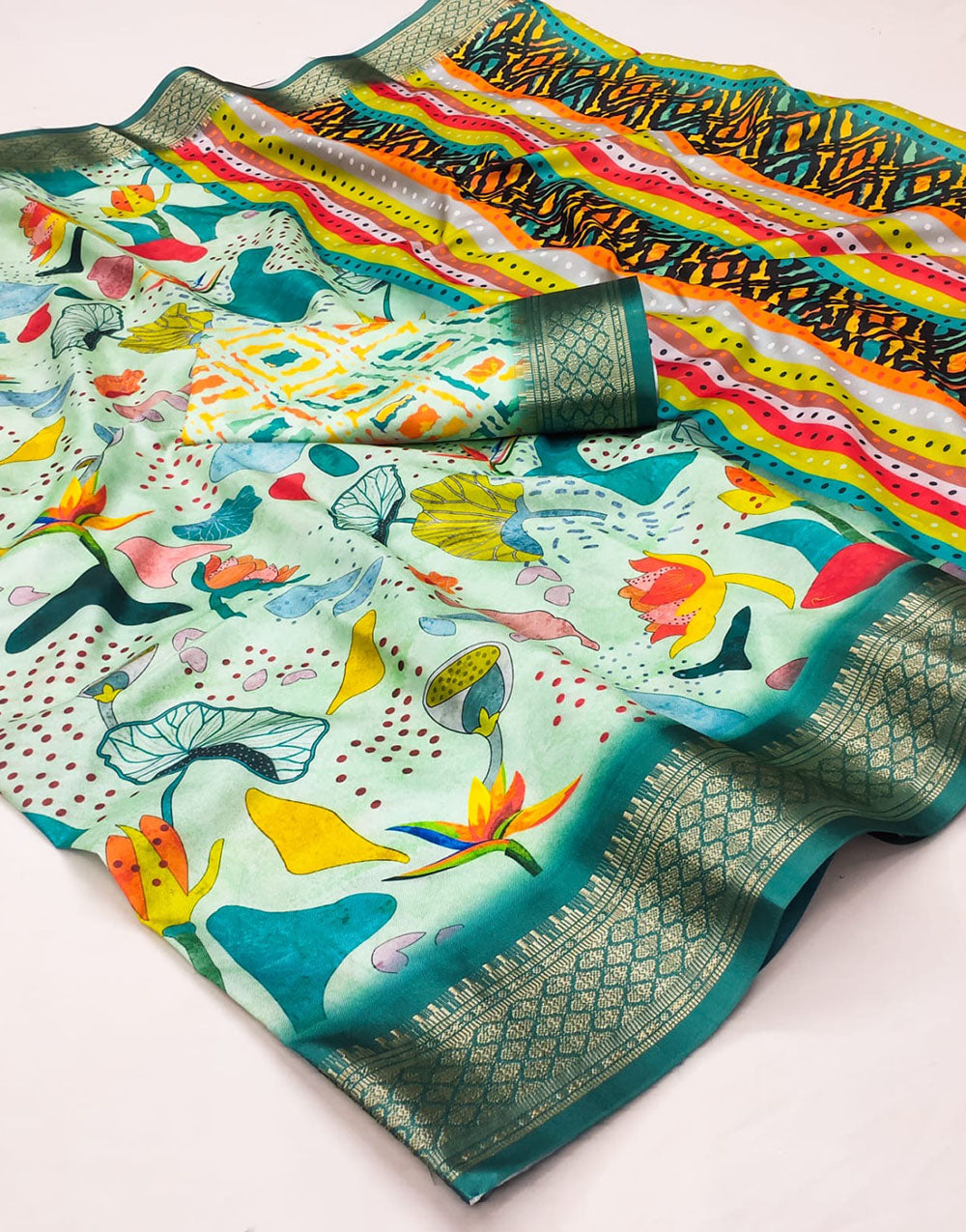 Teal Blue Cotton Saree With Printed & Weaving Border
