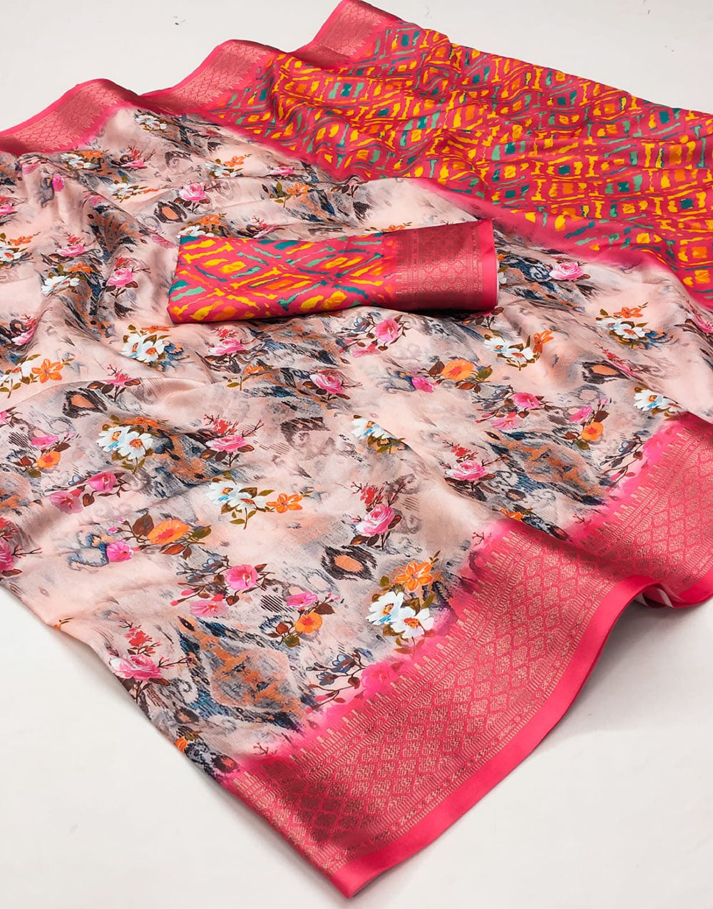 Pink Cotton Saree With Printed & Weaving Border