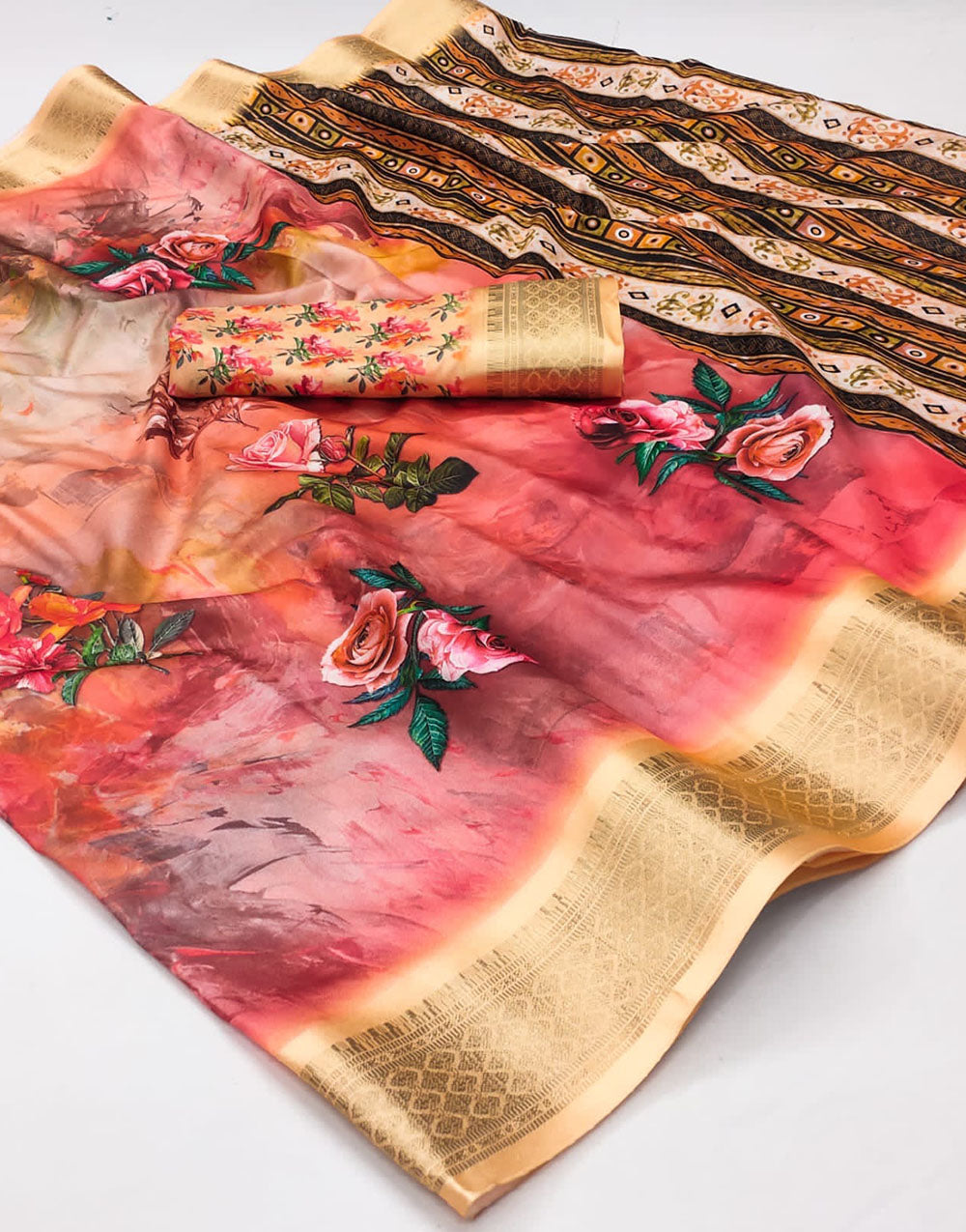 Cream & Gajri Pink Cotton Saree With Printed & Weaving Border
