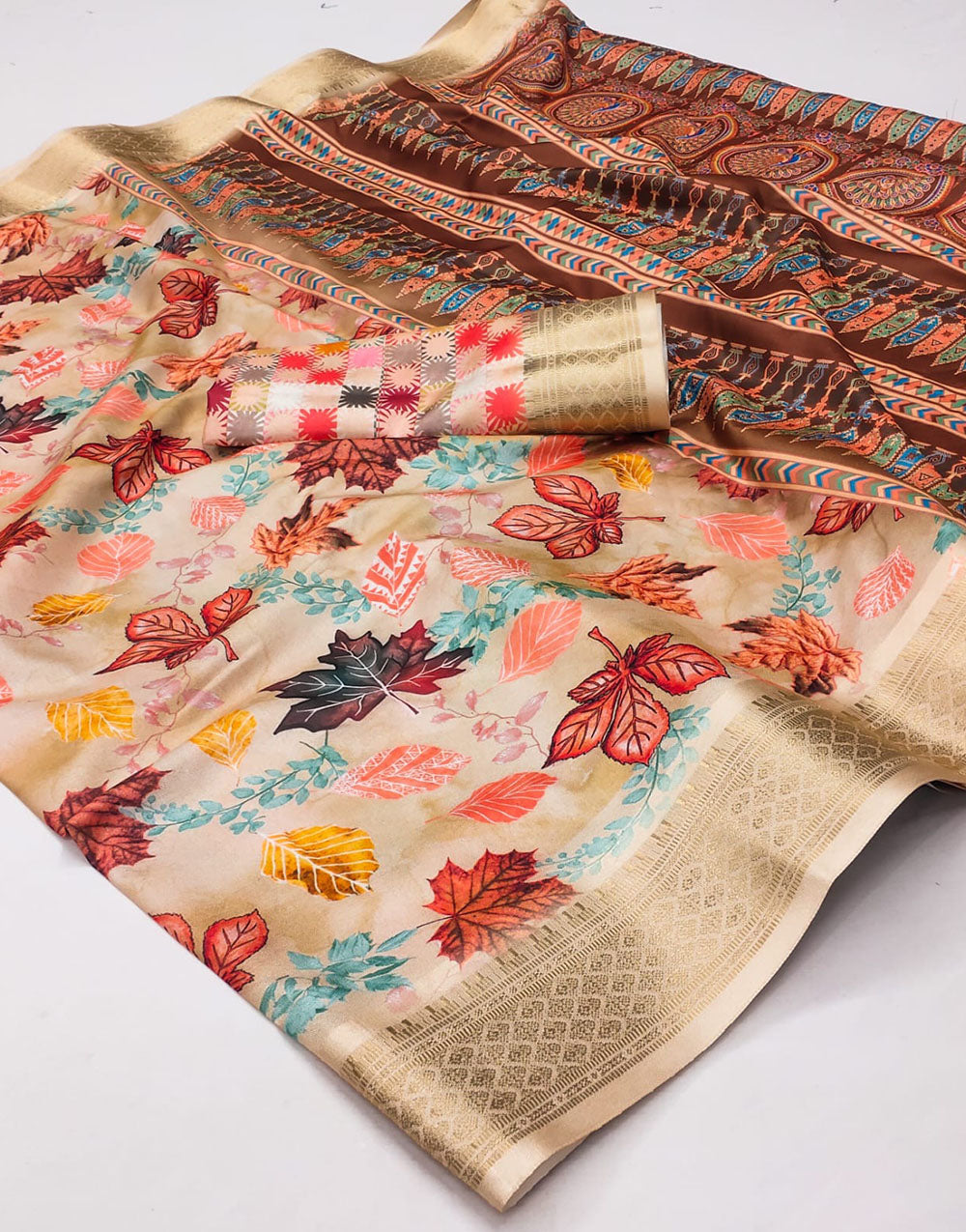 Beige Cotton Saree With Printed & Weaving Border
