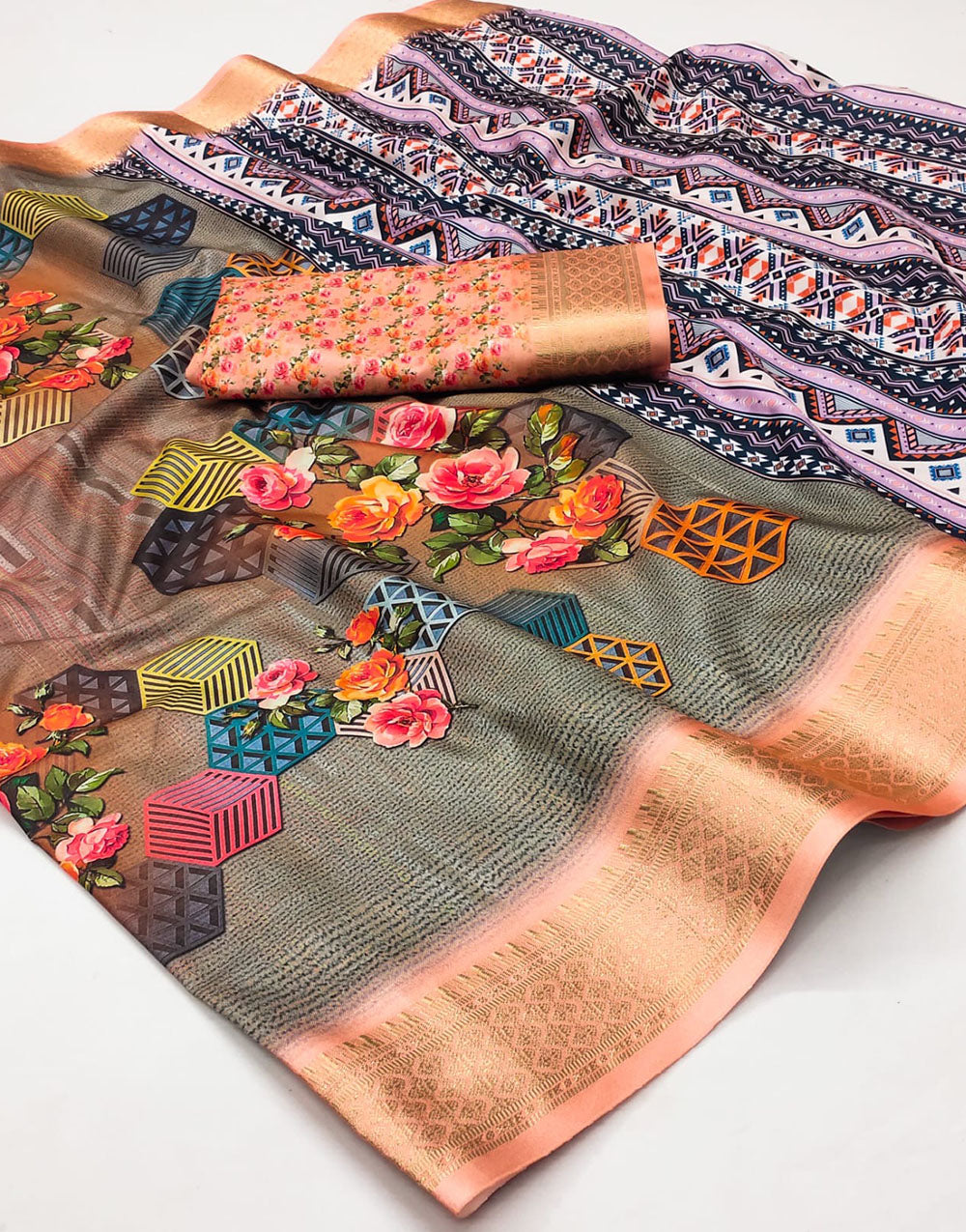 Peach Cotton Saree With Printed & Weaving Border