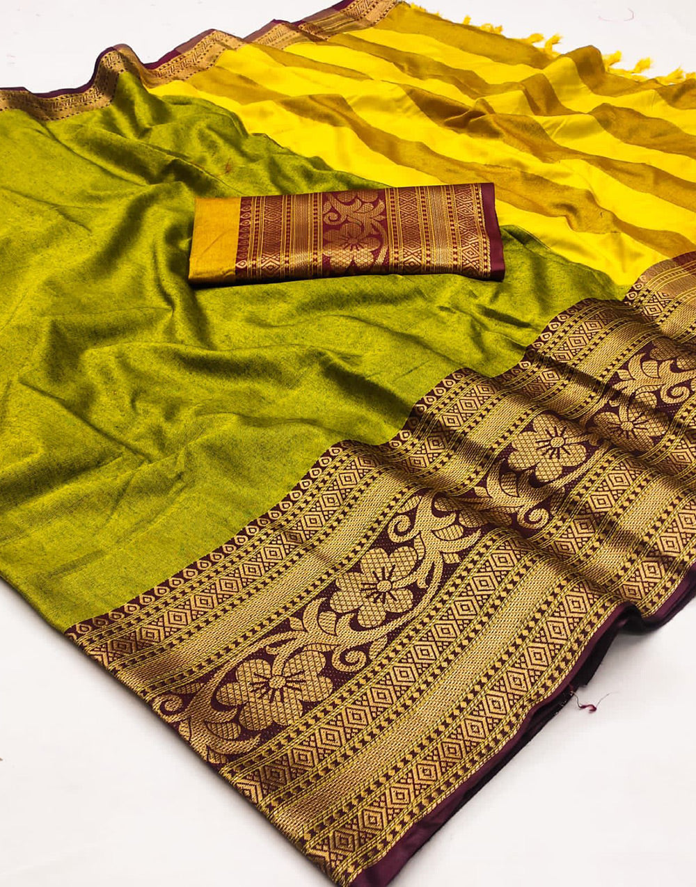 Lemon Yellow & Mehendi Silk Saree With Zari Weaving Border