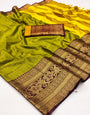Lemon Yellow & Mehendi Silk Saree With Zari Weaving Border