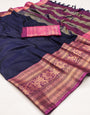 Navy Blue Silk Saree With Zari Weaving Border