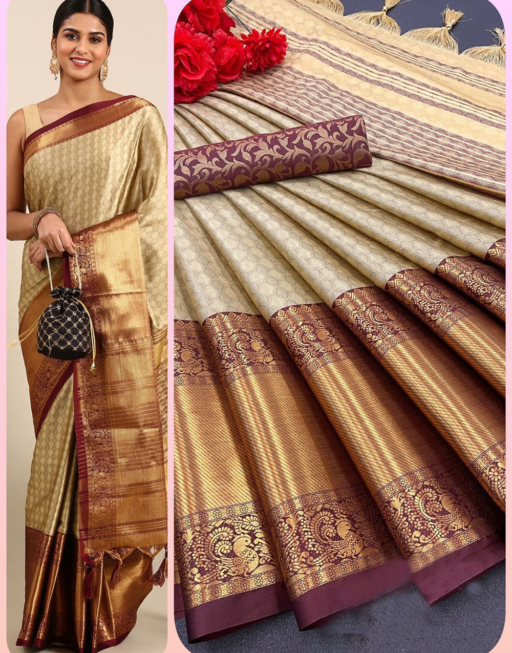 Cream & Dark Brown Silk Saree With Weaving Work