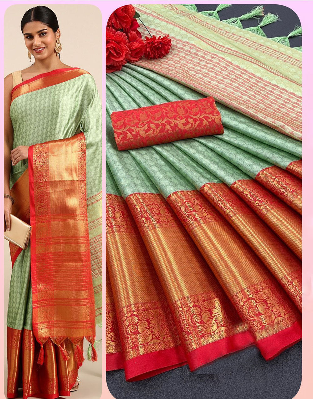 Pista Green & Red Silk Saree With Weaving Work