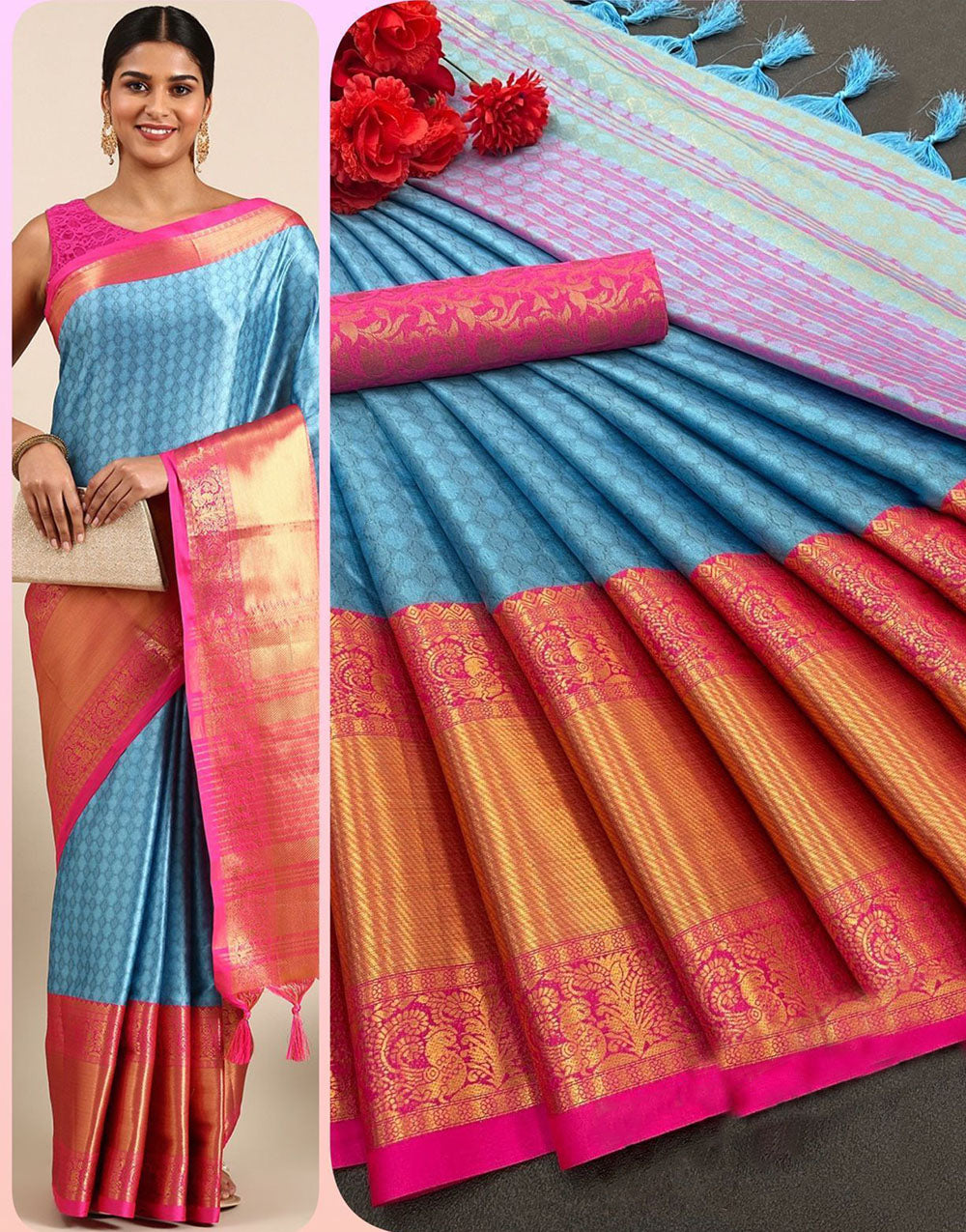 Pink & Sky Blue Silk Saree With Weaving Work