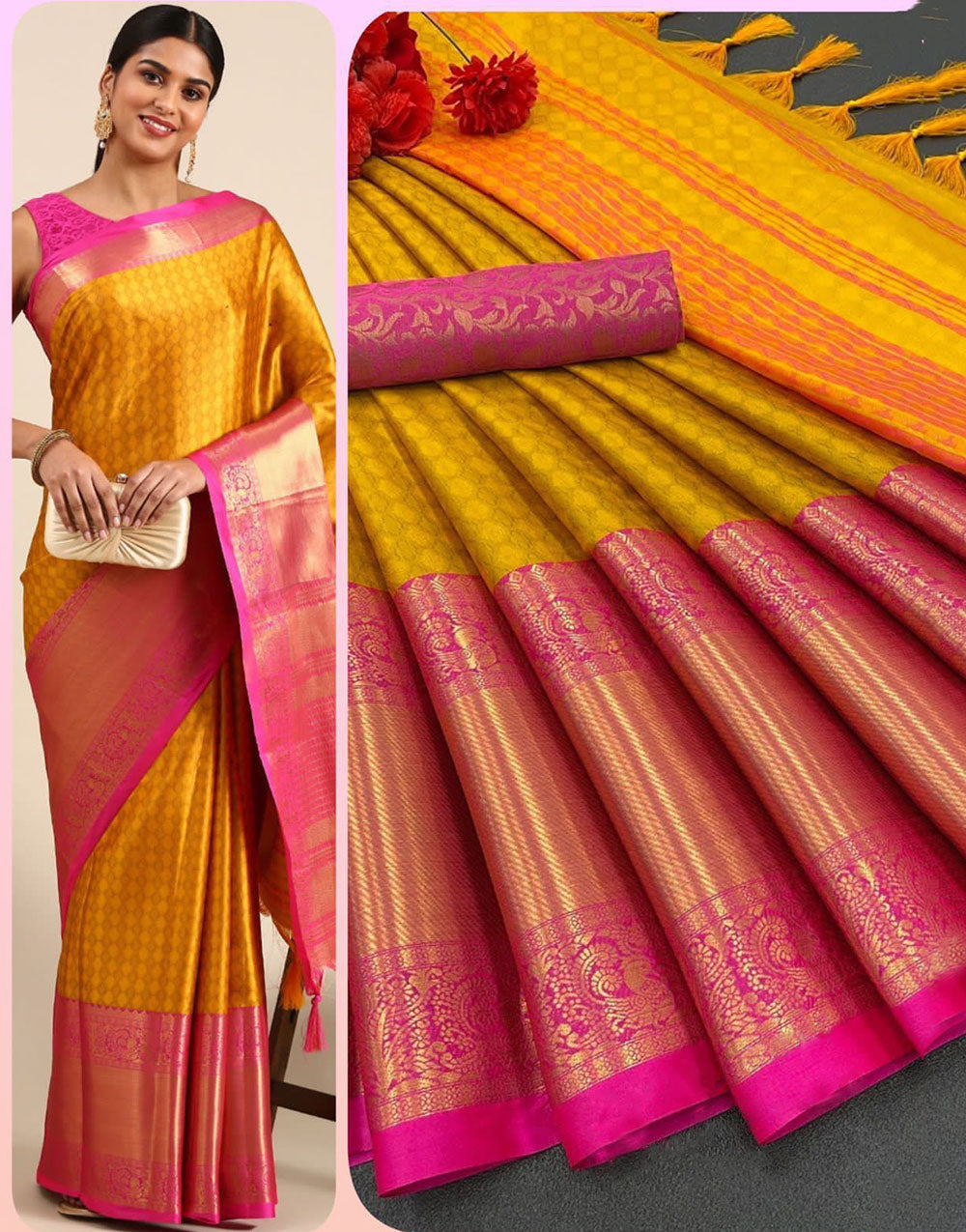 Mustard Yellow & Pink Silk Saree With Weaving Work