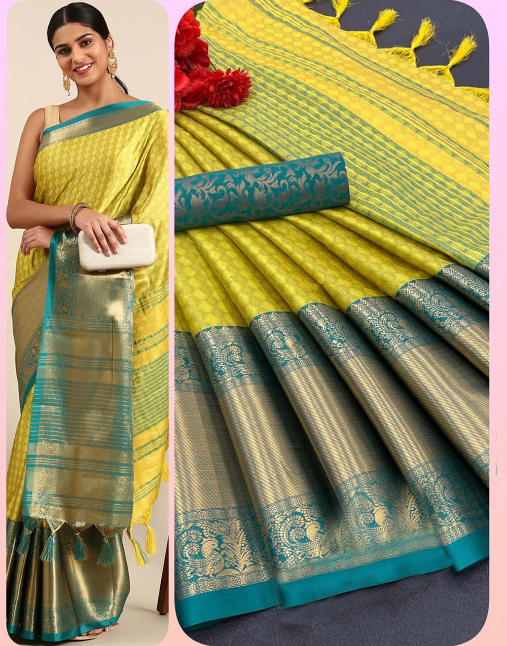 Lemon Yellow & Rama Blue Silk Saree With Weaving Work