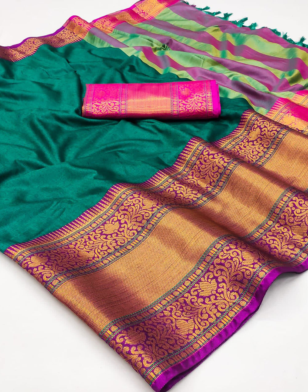Rama & Pink Silk Saree With Zari Weaving Border