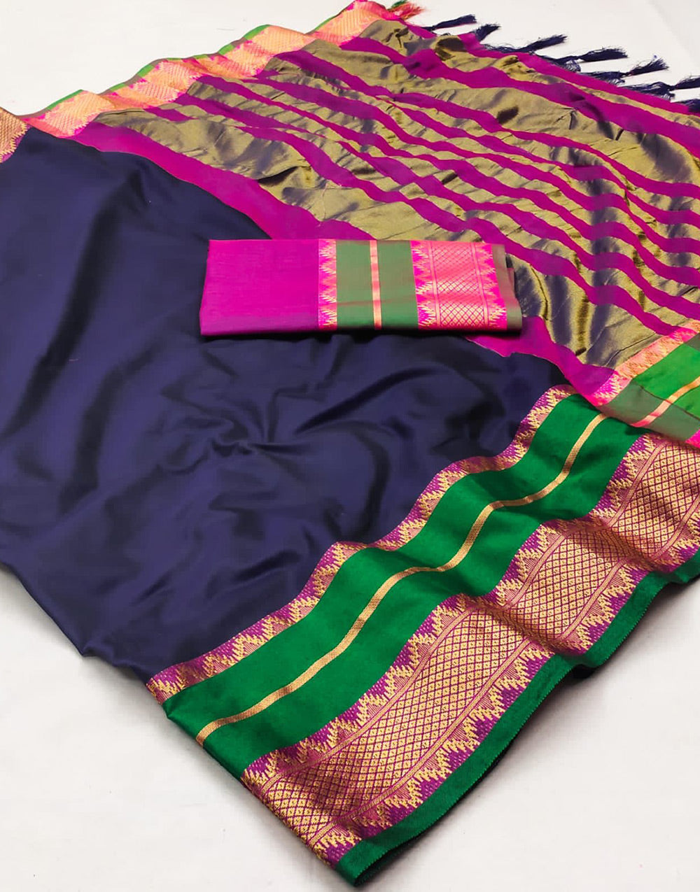 Navy Blue Silk Saree With Zari Weaving Border