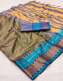 Army Green & Blue Silk Saree With Zari Weaving Border