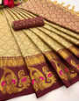Maroon & Buff Brown Silk Saree With Zari Weaving Border