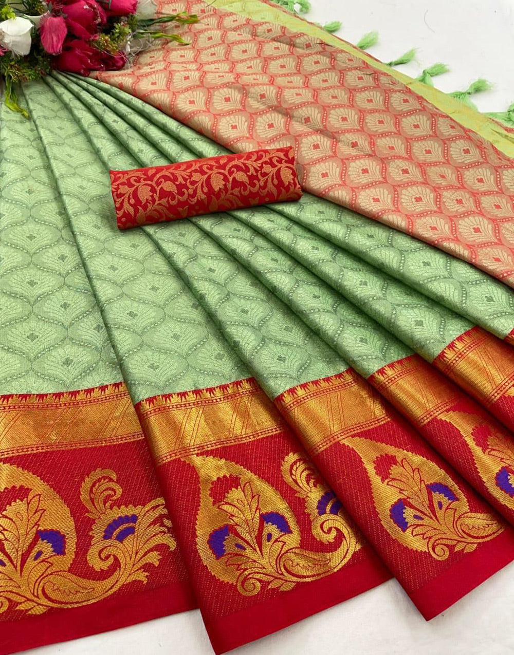 Pista Green & Red Silk Saree With Zari Weaving Border
