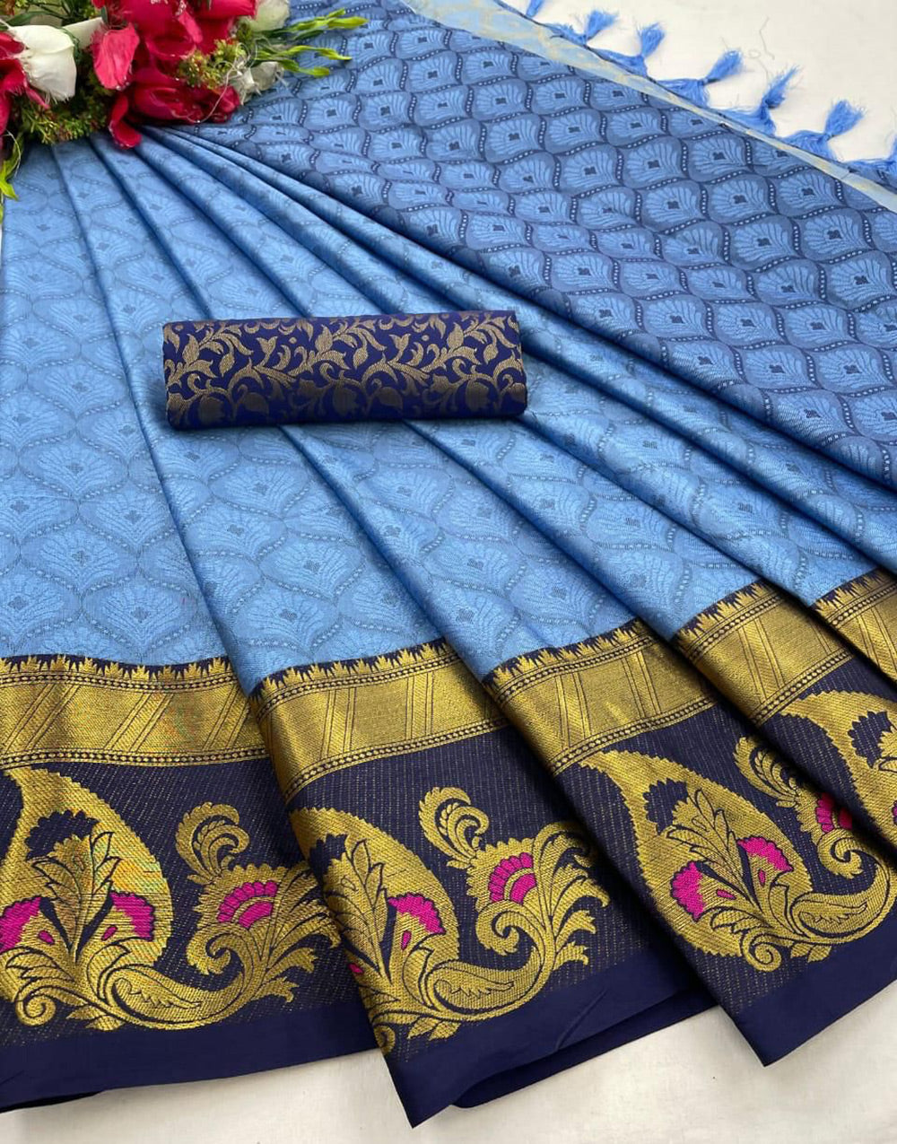 Sapphire Blue & Navy Blue Silk Saree With Zari Weaving Border