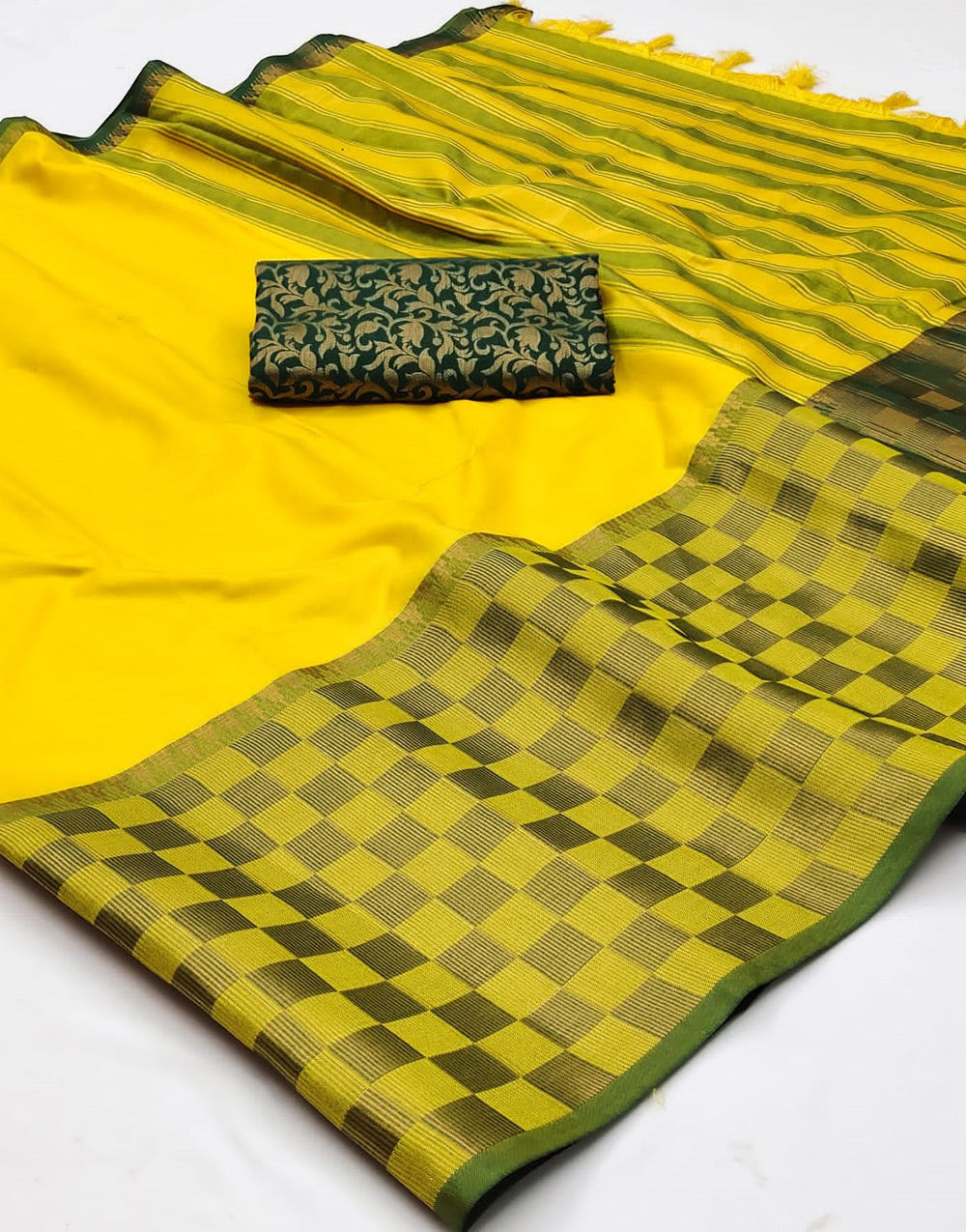 Yellow & Green Silk Saree With Zari Weaving Border