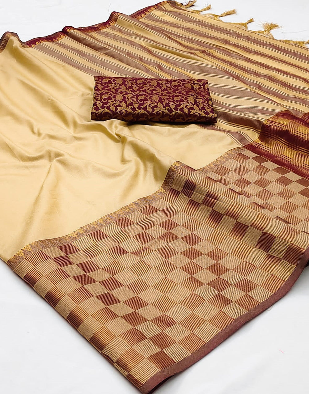 Cream & Maroon Silk Saree With Zari Weaving Border