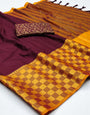 Maroon & Yellow Silk Saree With Zari Weaving Border