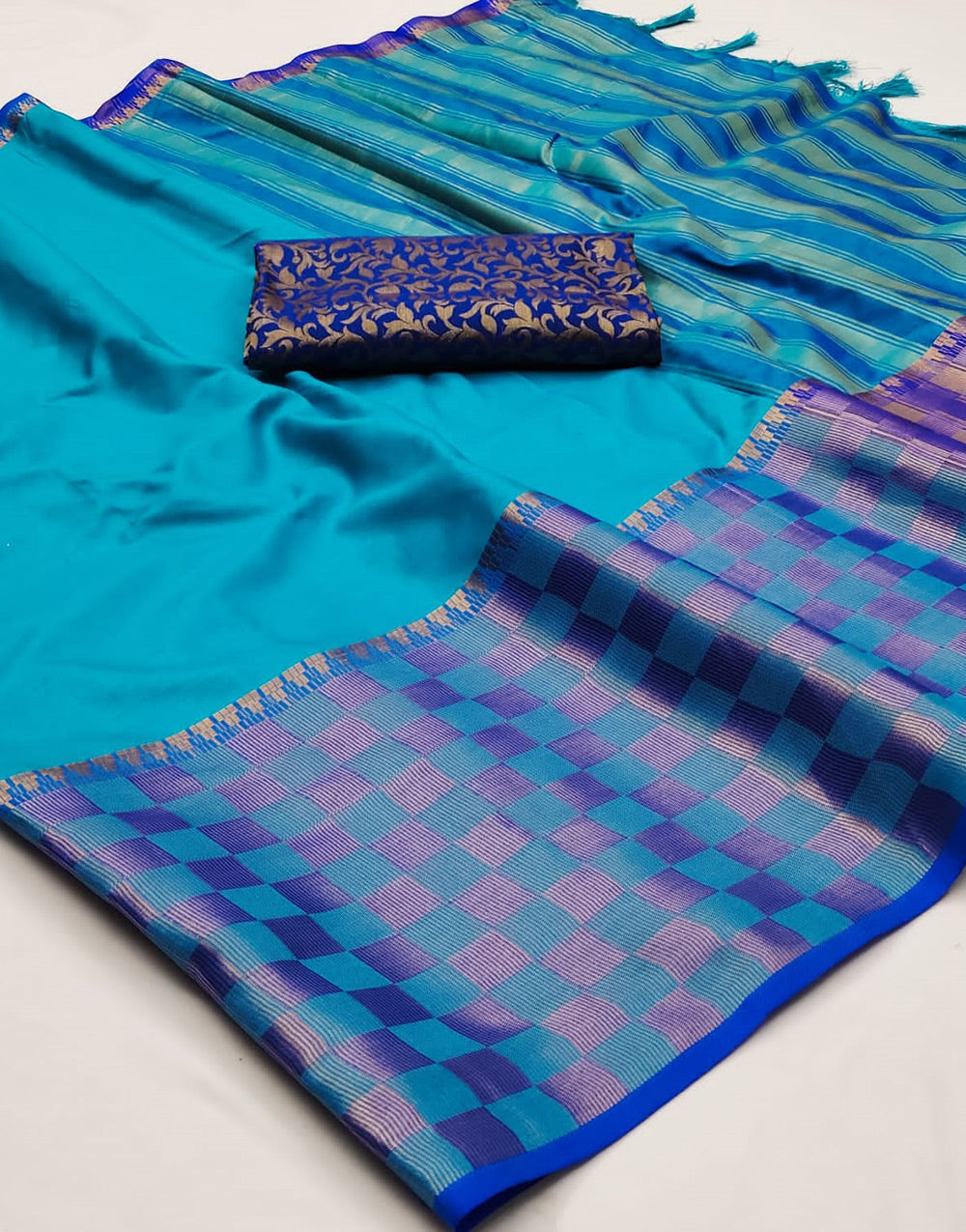 Pacific Blue Silk Saree With Zari Weaving Border