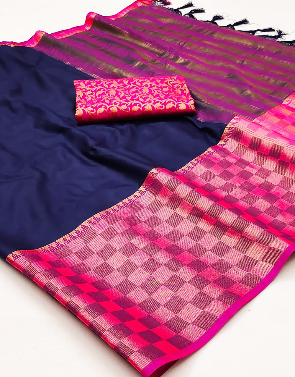 Navy Blue & Pink Silk Saree With Zari Weaving Border